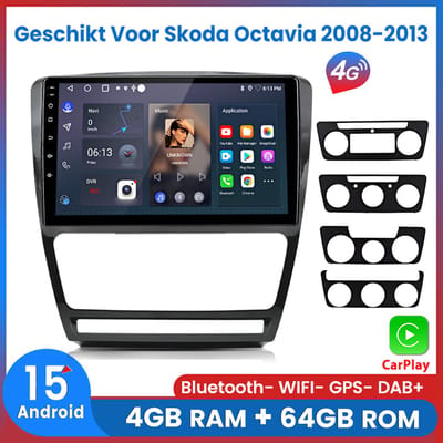 Awesafe 8-Core 4+64GB Autoradio Geschikt Voor Skoda Octavia 2008 t/m 2013 - Draadloze Carplay Android Auto - Touchscreen - GPS Navigatie 4G WiFi Mirror Link FM RDS 32EQ DSP SWC - Bluetooth Radio - 2008 2009 2010 2011 2012 2013