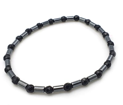 Smalle kralenarmband voor heren met 4mm natuursteenkralen hematiet en zwarte agaat lengte 18cm