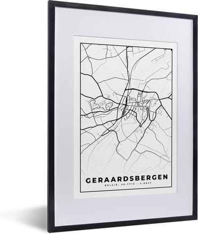 Fotolijst incl. Poster Zwart Wit- Kaart – Plattegrond – Stadskaart – Geraardsbergen – België – Zwart Wit - 30x40 cm - Posterlijst