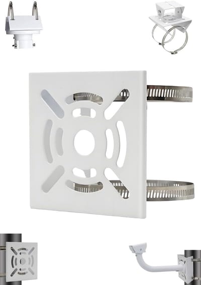 Beveiligingscamera-beugel - Camerabeugel - Beveiligingsbeugel - met 2 ringen - universele metalen beugell - Verticale paaladapter - Voor beveiligingscamera's - Stevige metalen beugel - Vlakke paalbeugel - stevig en duurzaam - Wit