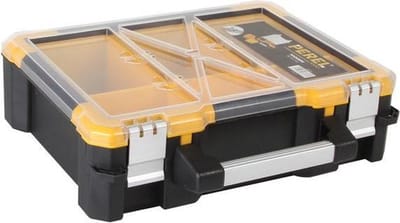 Perel assortimentsdoos, 6 uitneembare bakjes, transparant deksel, stapelbaar, 380 x 340 x 110 mm, zwart/geel