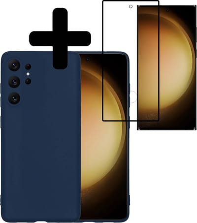 Hoesje - Met Screenprotector - Geschikt voor Samsung Galaxy S23 Ultra - Sterk & Shockproof - Back Cover - Siliconen Case - Telefoon Hoes - Telefoonhoesjes - Donkerblauw