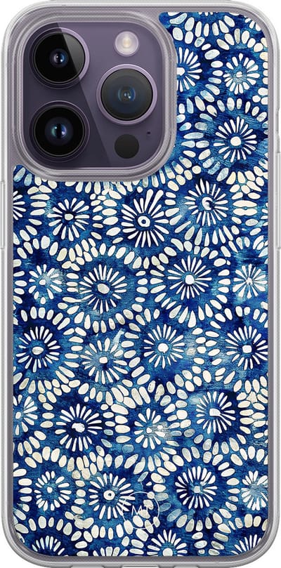 Hybride hoesje geschikt voor iPhone 14 Pro - Azure daisies - Extra bescherming - Luxe beschermhoes - TPU case - Transparant, Blauw - Mooie Telefoonhoesjes