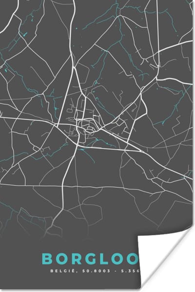 Poster België – Borgloon – Stadskaart – Kaart – Blauw – Plattegrond - 120x180 cm XXL