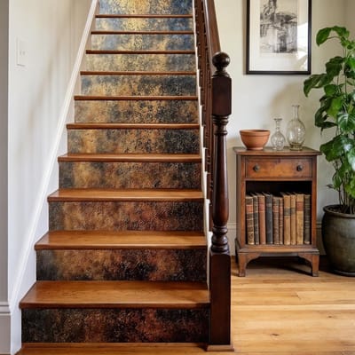Rustieke metalen patina patroon trapstickers - 15 afneembare zelfklevende PVC stickers voor trappen, decoratie voor treden en interieur 100 x 18 cm