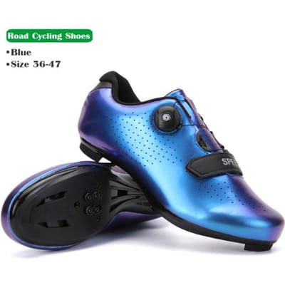 Chaussures de cyclisme VTT pour hommes et femmes, bottes de vélo de route, baskets ultralégères à vitesse plate, chaussures à crampons SPD, chaussures de vélo de montagne autobloquantes 44 blue