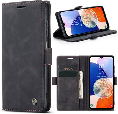 Geschikt Voor Samsung A14 Hoesje - Solidenz Urban Bookcase A14 - Telefoonhoesje A14 - A14 Case Met Pasjeshouder - PU Leren Hoes - Draadloos Opladen - Zwart