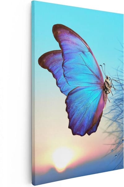 Artaza Canvas Schilderij Blauwe Vlinder - 20x30 cm - Klein - Muurdecoratie Zon - Wanddecoratie Natuur - Kamer Accessoires