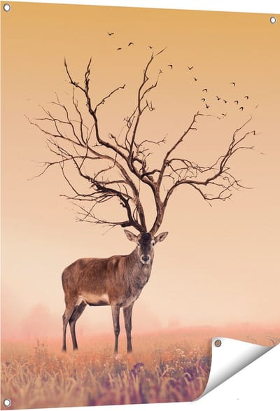 Gards Tuinposter Hert met een Bomen Gewei - 80x100 cm - Tuindoek - Tuindecoratie - Wanddecoratie buiten - Tuinschilderij