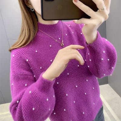 Pull Tricoté Velours Vison Imitation Manches Lanternes Hiver Femme Ample Chemise de Base Haut Court 2XL violet
