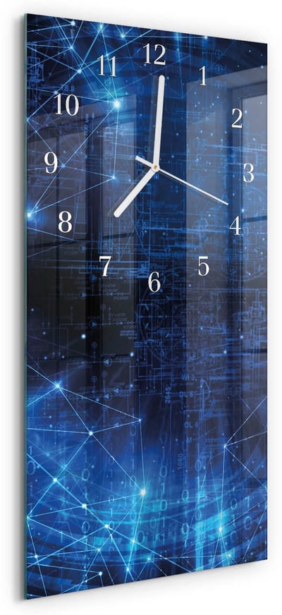 Tulup Wandklok - Matrix Wandklok Glas Decoratie - 30x60 cm - Blauw Gekleurde Glazen Klok - Witte Handen - Rechthoekige Wandklok - Glazen Wandklok Design - Klok Glas Met Opdruk