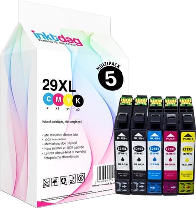 Inktdag inktcartridges voor Epson 29 inktcartridge, Epson 29XL multipack van 5 stuks (2*BK, 1*CMY) geschikt voor printers Epson Expression Home XP-245 , XP-247 , XP-255 , XP-257, XP-332, XP-335, XP-342, XP-345, XP-352, XP-355