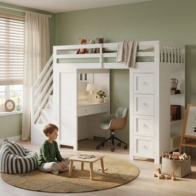 Clruro Hoogslaper - 90x200 cm - Bed met Bureau, Laden en Zijrekken - Grenen, MDF en Spaanplaat - Wit