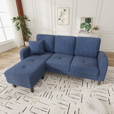 166 x 118 x 77 cm - L-vormige hoekbank met ligstoel – driezitsbank - kunststof poten - blauw