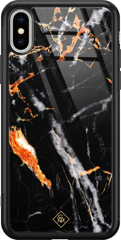 Casimoda® hoesje - Geschikt voor iPhone Xs Max - Marmer Zwart Oranje - Luxe Hard Case Zwart - Backcover telefoonhoesje - Bruin/beige