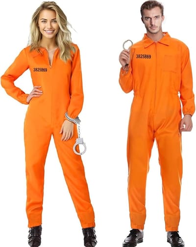 Oranje gevangeniskostuum met handboeien voor unisex, perfect voor Halloween, carnaval en cosplay (L)
