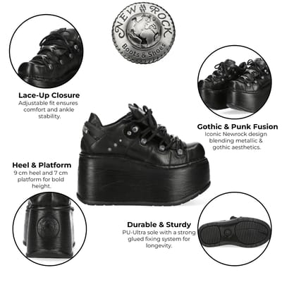 New Rock M-120N-C96 Zwarte Leren Gothic Chunky Platform Enkellaarsjes