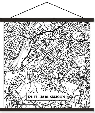 Posterhanger incl. Poster 60x60 cm - Schoolplaat - Kaart - Stadskaart - Frankrijk - Rueil-Malmaison - Plattegrond - Zwart wit - Textielposter - Zwarte latten - Stadskaart