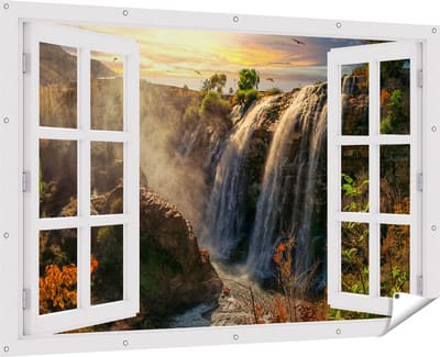 Gards Tuinposter Doorkijk Watervallen vanaf de Kliffen - 180x120 cm - Tuindoek - Tuindecoratie - Wanddecoratie buiten - Tuinschilderij