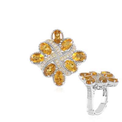 Cavill - Elegante Damesring - 925 Sterling Zilver - 3,015 ct Ovale Braziliaanse Citrien - 0,379 ct Pavé Zirkonia - Filigraan Bloem