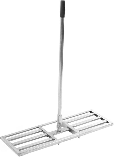 Gazonhark Roestvrijstaal - Tuinhark Grondverdeling - Gazon Egaliseren - Lange Rubberen Handgreep - 29x9 Centimeter - Zilver