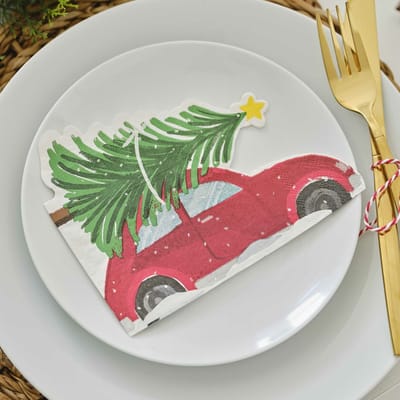 Ginger Ray - 16 Servetten Rode auto met kerstboom