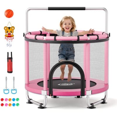 VEVOR minitrampoline voor kinderen met veiligheidsnet en handgreep, roze; buitentrampoline voor in de tuin met basketbalring, basketbal en boksbal voor kinderen; kerst- of verjaardagscadeau