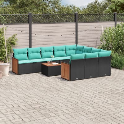 vidaXL - 11-delige - tuinbankset - met - kussens, - zwart - polyrotan