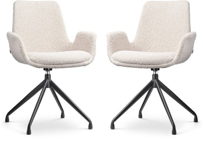 Nolon Nola-Eef Eetkamerstoelen Set van 2 Bouclé Beige - Draaibaar - met Armleuning - Stof - Zwart Onderstel - Lage Armleuning - Design - Scandinavisch