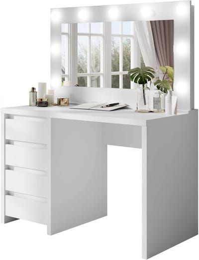 Glamoureuze Make-up Tafel met Spiegel en LED Verlichting, Modern Wit Consola