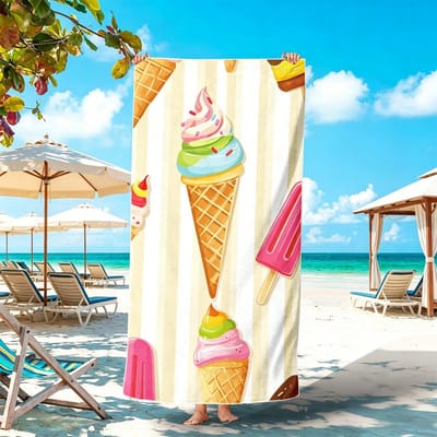 2Pcs (31 po/63 po)&(35Po/71Po) Serviette de plage Cône de gaufre Glace d'été, Serviette Motif Glace amusant, Plage Piscine 90X180cm(35X71inch)