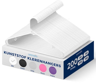 SereneLife Kleerhanger - Plastic Hangers - Antislip Ruimtebesparende Kledinghangers - 200 Stuks - Duurzaam en Sterk voor Hemden, Truien, Hoodies, Kinderkleding en Jurken - Lichtgewicht - Wit