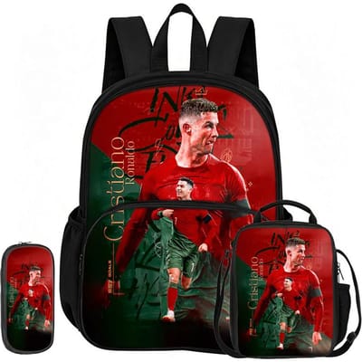Leer, Reizen Voetbalster Schooltas Ronaldo 3 Delige set met Voorvak Rugzak Lunchtas, Etui, Sportrugzak