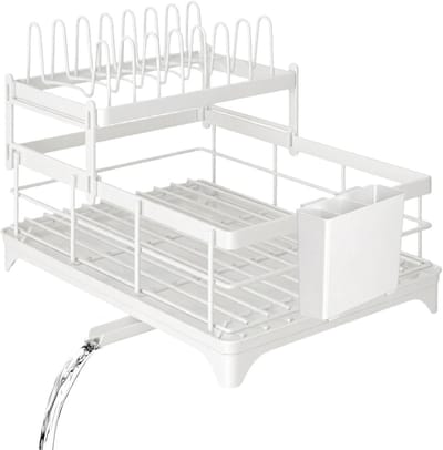 Afdruiprek Keuken - Bordenhouder Organizer - Aanrecht Opruimen - Twee Niveaus - 39 x 28 cm - Wit