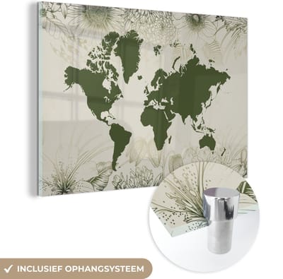 MuchoWow® Glasschilderij 60x40 cm - Schilderij acrylglas - Wereldkaart - Bloemen - Groen - Foto op glas - Schilderijen