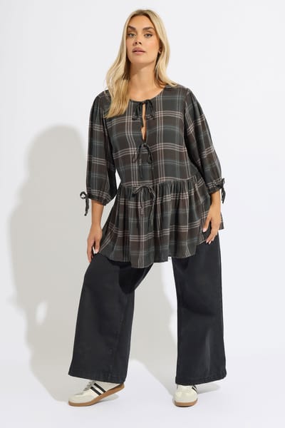 Yours Bruin Geruite Top Met Strik Aan De Voorkant En Peplum Size 42