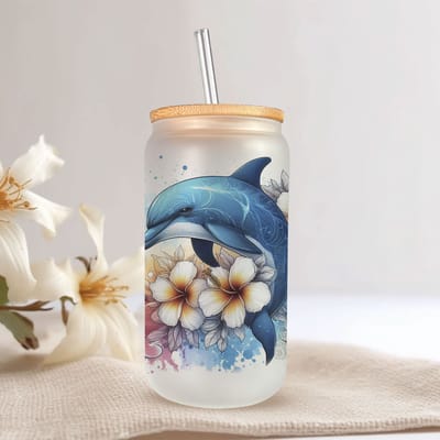 Creasowl® Dolfijn Glazen Drinkbeker – 500ml – Met Deksel & Glazen Rietje – Koffiebeker / Smoothiebeker / IJskoffie Glas – Herbruikbare Drinkmok