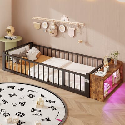 PHOEBE CAT Kinderbed - 90 x 200 cm - Metalen bed - LED-verlichting - Met veiligheidshek - Opbergkast - Zwart