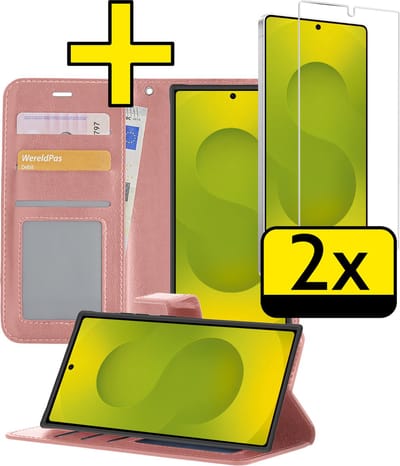 Hoesje - Met 2x Screenprotector - Geschikt voor Samsung Galaxy S25 Ultra - Luxe Pasjeshouder - Bookcase Portemonee - Flip Case - Kunstleer Book Case - Flipcase Hoes - Book Cover - Walletcase - Portemonneehoes - Telefoonhoesjes - Rosé goud