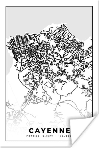 Poster Stadskaart - Frankrijk - Kaart - Plattegrond - Cayenne - Zwart wit - 120x180 cm XXL