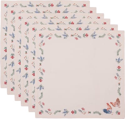 Clayre & Eef Servetten Katoen Set van 6 40x40 cm Beige Blauw Katoen Kip en Haan