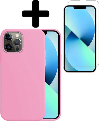 Hoesje - Met Screenprotector - Geschikt voor Apple iPhone 14 Pro - Sterk & Shockproof - Telefoon Hoes - Back Cover - Siliconen Case - Telefoonhoes - Lichtroze