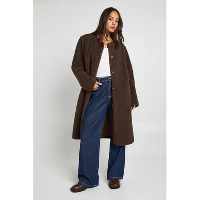 boohoo Dames Teddy Zonder Kraag Maxi Jas | Brown | Maat: 8