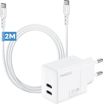 Phreeze usb C oplader 35 W met usb C naar usb C kabel 2 meter - Power Delivery oplader - GaN charger met 2 usb C poorten