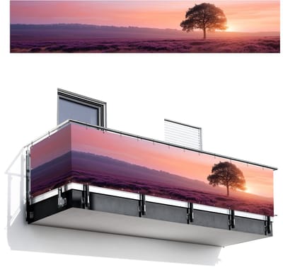 Balkonscherm 500x100 cm - Balkonposter Boom - Heide - Zonsopgang - Balkon scherm decoratie - Balkonschermen - Balkondoek zonnescherm