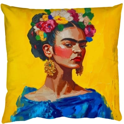Sierkussens - Kussentjes Woonkamer - 50x50 cm - Frida Kahlo - Vrouw - Geel - Blauw - Bloemen