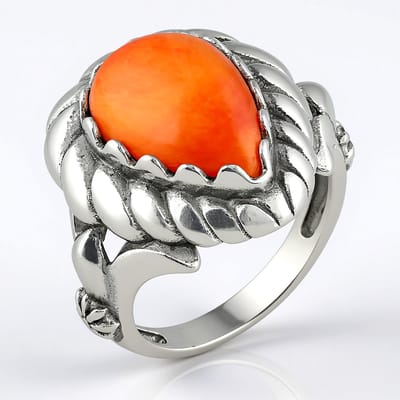 Cavill - Zilveren Ring - 925 Sterling Zilver Geoxideerd - Oranje Stekeloester Cabochon 4,635 ct - Peervormig Design - Boho Stijl Maat 18
