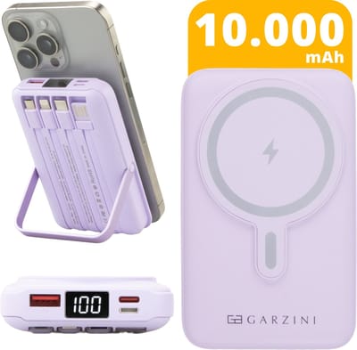 Garzini MagSafe Powerbank 10.000 mAh – Draadloos & MagSafe Opladen – 15W Snellader – 4 Kabels (USB-C, Lightning, Micro-USB, USB-A) – LED-display – iPhone 12/13/14/15/16/17 & Android - Noodpakket – Paars