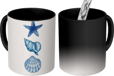 Magische Mok - Foto op Warmte Mokken - Koffiemok - Zeester - Schelpen - Blauw - Magic Mok - Beker - 350 ML - Theemok