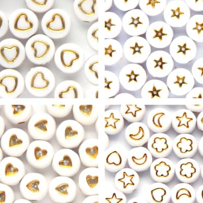 Symbolenkralen set – Hartjes – Sterretjes – Symbolen – Unieke mix 200 stuks – Wit/Goud – 7mm kraal – Past bij letterkralen set – Zelf sieraden maken – DIY